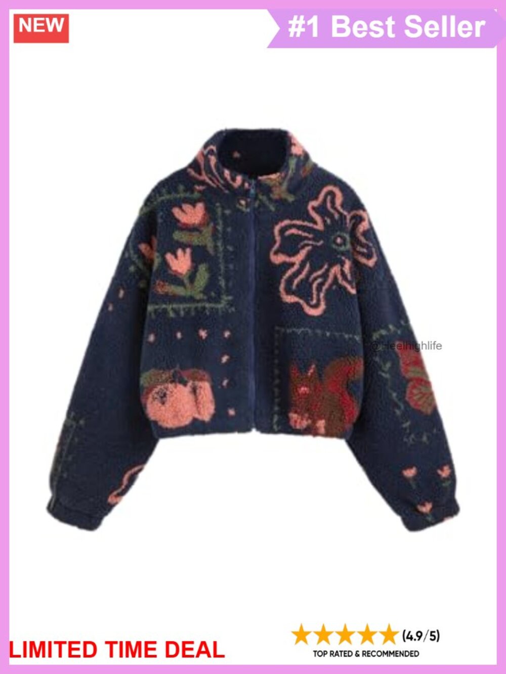 Sherpa Fleece Floral Graphic Zip Up Cropped Jacket Women Winter Coat